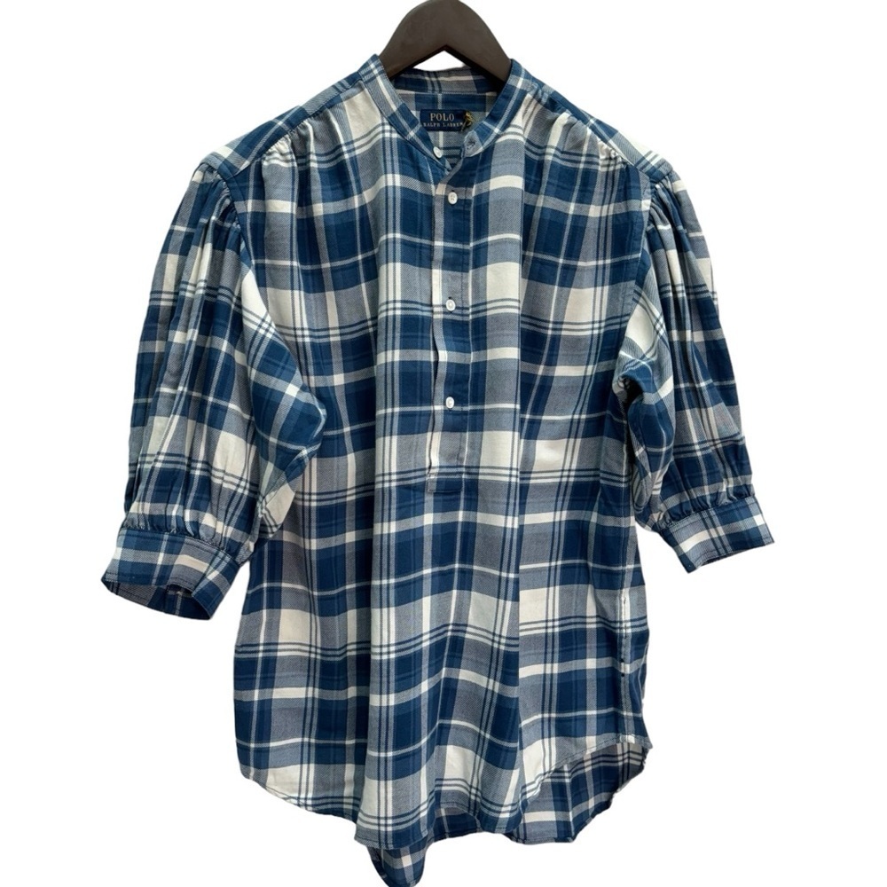 Polo Ralph Lauren Dian Blue Plaid Check Print Puff Sleeve Shirt Size M - Picture 3 of 12